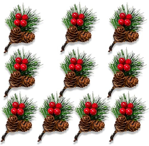 DAQUN 10 Pcs Artificial Christmas Flowers & Holly Sprigs with Pine Cones, Red Berries - Holly Leaves and Berries for Craft, Festive Decorations, Evergreen Foliage, DIY Wreaths, Holiday Home Arrangemen