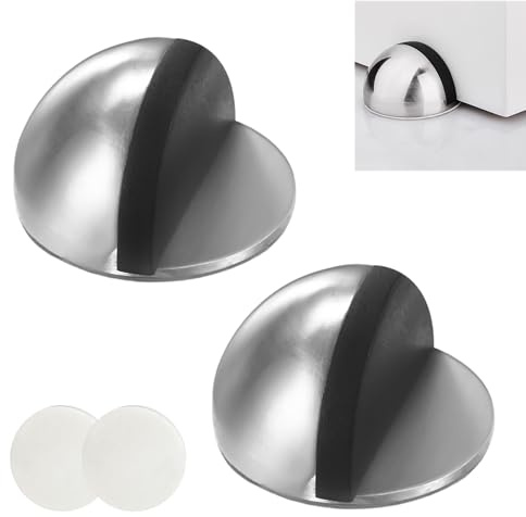 2 Pcs Self Adhesive Door Stop, Oval Half-Moon Door Stops with Rubber Cushion, No Drill Floor Mounted Stainless Steel Door Stopper for Indoor Hard Floors, Glass Doors, Wall & Furniture (Silver)