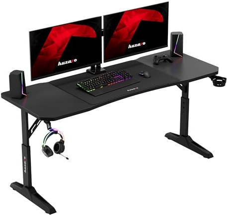 huzaro Hero 4.6 Gaming Tisch höhenverstellbar, Schreibtisch 160x60 cm mit Carbon Oberfläche, Kabelmanagement, Getränkehalter & Kopfhörerhalter, PC Tisch Büro Home Office, Schwarz