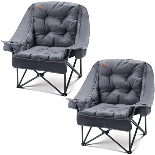 EVER ADVANCED 2-in-1 Oversized Camping Chair with 6cm Removable Cushion | Heavy Duty Folding Chair, Padded, Cooler Bag, 180kg Capacity, Cup Holder, Side Pocket for Fishing, Garden, 2Pcs, Grey