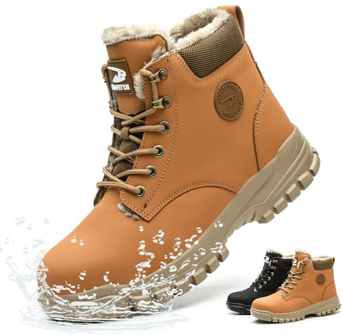 Ayqyc Chaussures de Sécurité Hiver Hommes Femmes Chaussures de Travail Bottes de Sécurité Antidérapantes Imperméables Doublées Chaudes avec Embouts Marron 42 EU