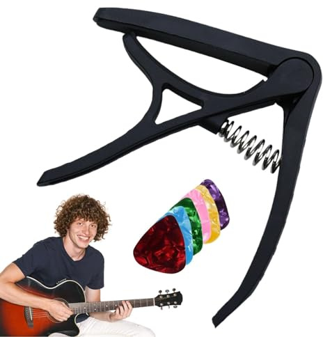 Gitarrenkapodaster für Akustikgitarre, Kapodaster mit 6 Plektren, präzise tragbare Stimmgerät-Klemme, einstellbare Leistung für Spieler Anfänger Musik