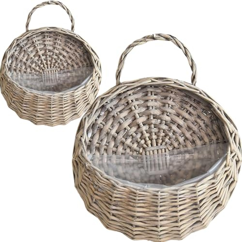 Faroby Jardinière Suspendue en rotin Naturel, 2 pièces, Panier Mural Vintage, Pot de Fleur, Plantes d'intérieur Grises