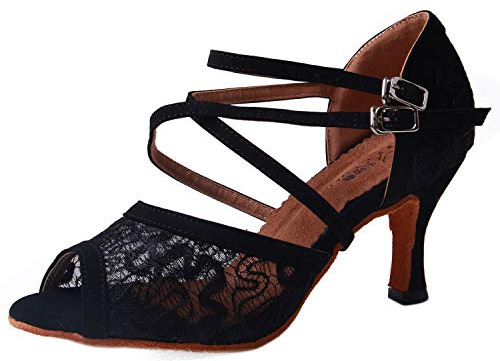 Syrads Chaussures de Danse Latine pour Femmes Chaussures de Danse Tango Valse Samba Fête Sociale Salsa Sandale Talon Haut,Noir 7 5cm,38 EU