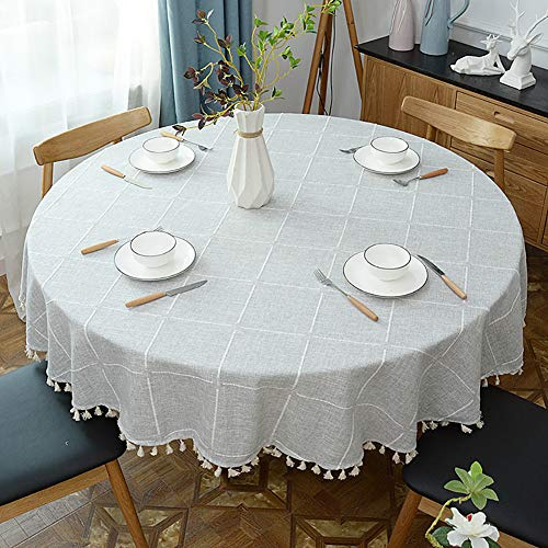 Lsimeru Tischdecke Kariert Grau Weiß Landhausstil Rund 120cm Stickerei Baumwolle und Leinen Abwaschbar Tischtuch Draussen Tischwäsche Tafeldecke Tischdecken Gartentischdecke