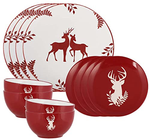12 Piece Stoneware Dinner Set - Tableware Service for 4 - Christmas Dinner Plate, Side Plate & Bowl Red