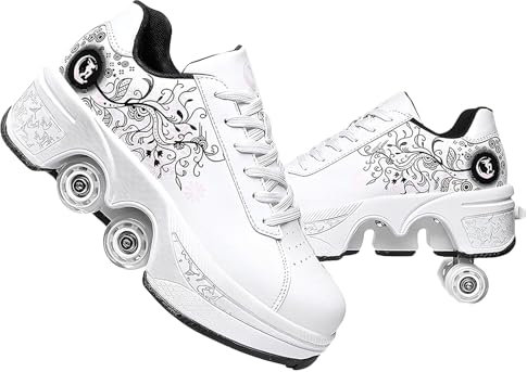 Pinkskattings@ Damen Und Mädchen Rollschuhe Skateboard Schuhe Kinderschuhe Mit Rollen Skate Shoes Rollen Schuhe Sportschuhe Laufschuhe Sneakers Mit Rollen Kinder (Weiß
