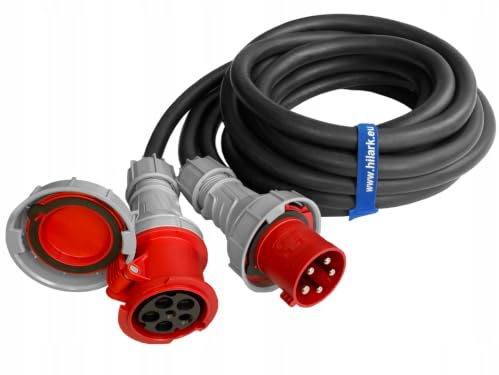 Hilark Cable Tech alargador de Goma H07RNF 5x16 mm (5g16 mm) 63A IP44 El Enchufe y la Toma de Corriente Son de 5 Polos (10 Metro, Negro)