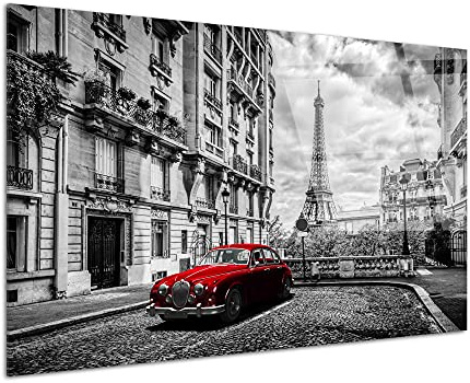 DECLINA – Tableau Mural Paris noir et blanc et vieille voiture – Tableau Ville Nocturne Style Loft – Impression HD Sur Verre Acrylique – Fabrication Française