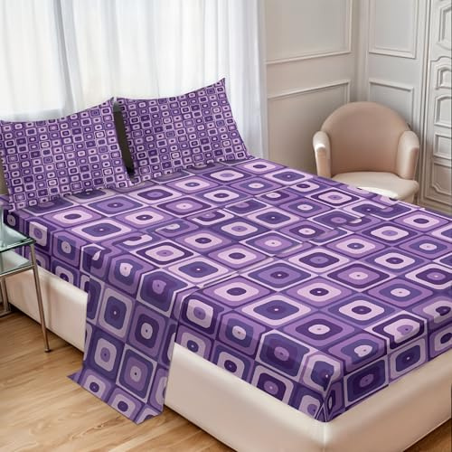 Ambesonne Retro Sheet Set, Monochromatic Style Rounded Corners Squares in Purple Color Palette Print, Fitted and Flat Sheet with Pillowcases Bedding Accent 4 Piece Set, King, Quartz and Pale Mauve