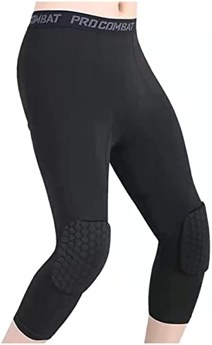 Basketball Pants with Knee Pads 3/4 Compression Leggings Capri Tights
