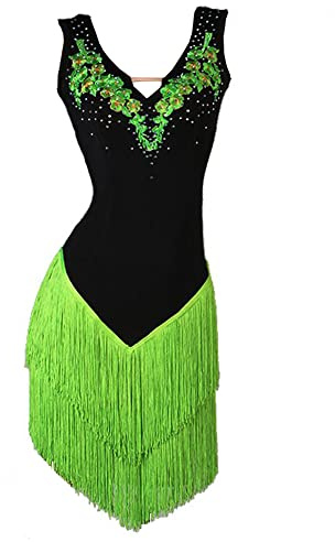 LIUHUO Grün Quaste V-Ausschnitt Dreidimensionale Stickerei Latein Tanzkleid Damen Wettkampf Performance