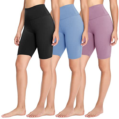 FOTOCITI 3er Pack Radlerhose Damen High Waist Kurze Sporthose Elastisch Shorts Sommer Leggings Hosen für Sport Yoga Gym(04#Schwarz+Hellblau+Helllila, S-M)