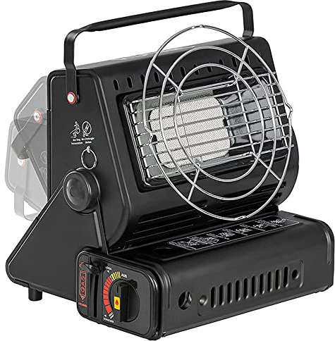 Kaufbasar 2-in-1-Gasheizer mit abnehmbarem Edelstahl-Hartrahmenring für Outdoor-Camping, tragbarer Heizer für Zelt, Wohnwagen, Reisen, Angeln, 1,3 kW Keramikbrenner (schwarz) mit 8 Butangaskartuschen
