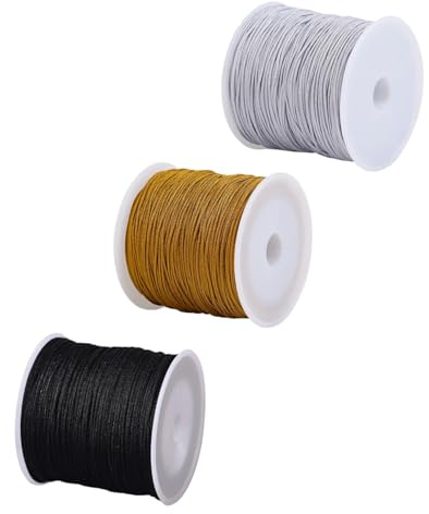 3 Rollen Makramee Garn 1mm, Schnur für Armbänder, Geschenkband Gold für DIY Handwerk Armbänder Schmuckherstellung Halsketten Handwerk (Silber,Gold,Schwarz)