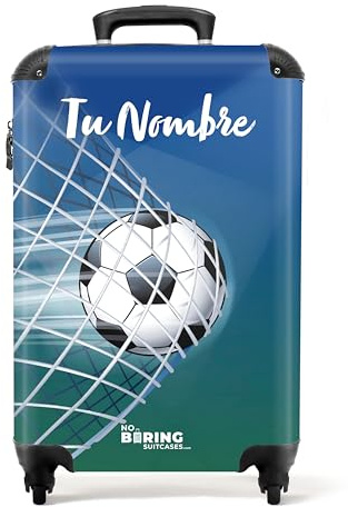 NoBoringSuitcases.com Fotokoffer personalisiert, Kinderkoffer - 55x40x20cm Handgepäck Trolley, Koffer für Kinder - Kindertrolley - Fußball Blau-Grün - Leicht - Koffer mit Namen Initialen