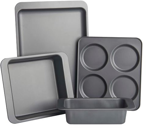 Store & Order Baking/Roasting Starter Set - Large 38.5cm Non-Stick Oven Tray, 4 Cup Yorkshire Pudding Tray, 25cm Square Sandwich/Cake Tin and 25cm Deep Loaf Tin, Nestable Bakeware & Dishwasher Safe
