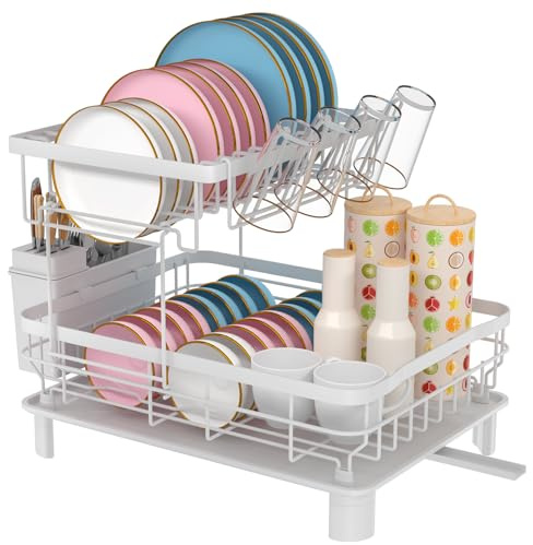 E-MANIS Dish Drainers, Double Layer Dish Rack with Drainage Plate and Rotating Nozzle, Dish drying Rack with Tableware Rack and Cup Holder（White）