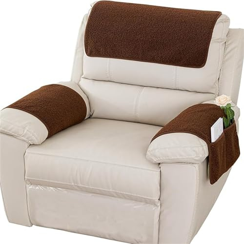 ZGDDPZA Armrest Chair Covers with Headrest, Soft Fleece Armchair Armrest Protectors with Storage Pockets, Non-Slip Furniture Covers for Leather & Fabric Chairs, Pet-Friendly(Coffee,1 Seat 3PCS)