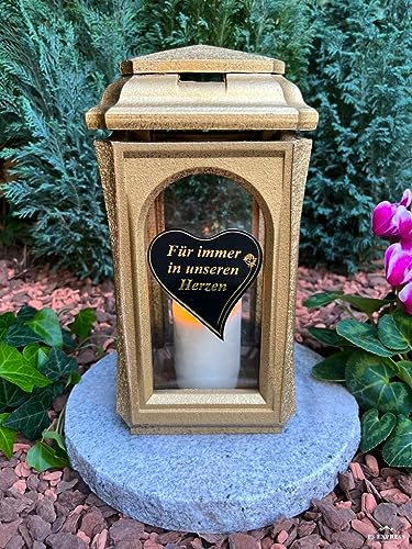 Grablampe NEU Grablicht Laterne Grablampe in Gold Farbe mit Text - Für Immer in unseren Herzen - 29 cm H. Neue Model ohne Sockel.