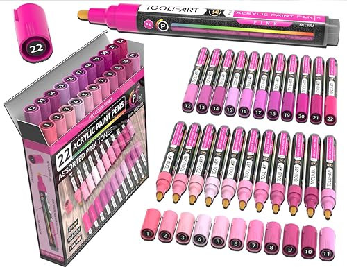 TOOLI-ART Juego de 22 marcadores de pintura acrílica Pro Colour Series Set de 3 mm mediano para pintura de roca, tazas de vidrio, madera, metal, vidrio, pintura de plástico, lienzo, bricolaje, no
