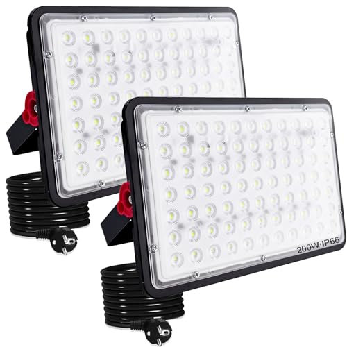 Indmird Projecteurs LED Extérieur 200W, Lot de 2 20000LM Spot led Extérieur IP66 étanche Projecteur Exterieur LED 6500K Blanc Froid Eclairage de Sécurité pour Jardin, Patio, Garage, Terrasse,Atelier