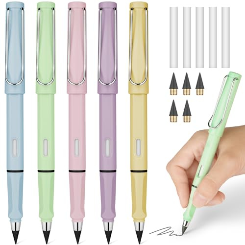 Ainiv Lapiz Infinito, 5PCS Macarrón Lápiz Infinito con 5 Puntas de Repuesto, Sin Tinta y 5 Borradores, Lapiz Eterno Portátil Reutilizable Borrable, para Escuela, Oficina, Dibujo