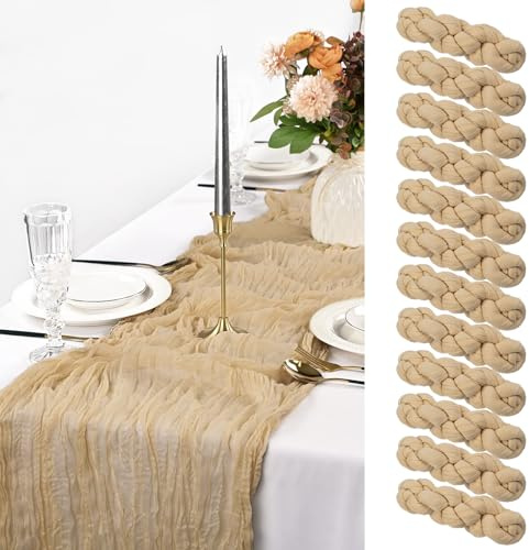 Pesonlook 12 Stück Hellbraun Käsetuch Tischläufer Lang, 90 x 300 cm | 3 m lang, Rustikaler Gaze Stoff Boho halbtransparent Hochzeits Seihtuch Tischläufer für Hochzeit, Party, Brautparty，Bankett