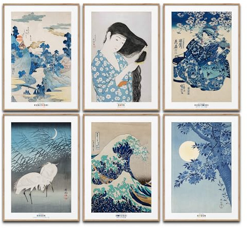 Japan Kunst Poster Set Japanische Wanddeko Koson Bilder Schlafzimmer Hokusai Deko Wohnzimmer Dekoration Eklektische Gemälde (6x A4 | Ohne Rahmen)