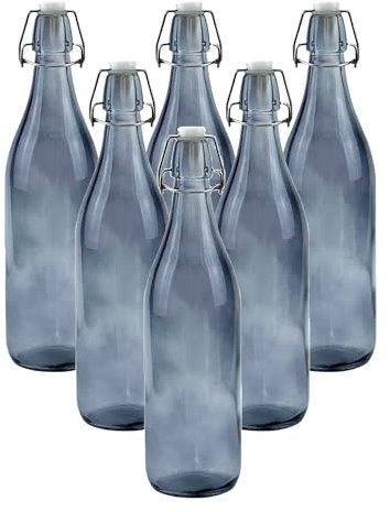 simpa 1 Litre Traditional Vintage Style Glass Bottles with Swing Top Lids - Set of 6 Grey Bottles.