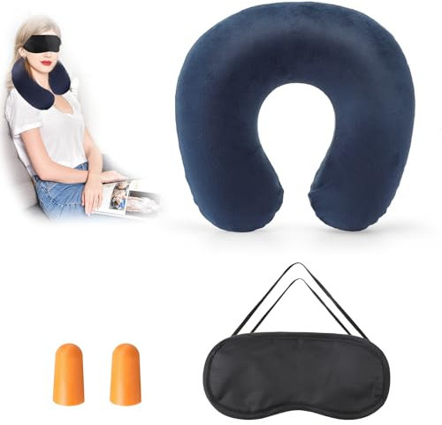 Almohada de Viaje Inflable, Almohada Viaje Hinchable Almohada Cervical Ajustable Almohada Viaje Cuello Cojin Cervical Viaje con Máscara de Ojos y Tapones para los Oídos para Oficina Avión Coche Tren