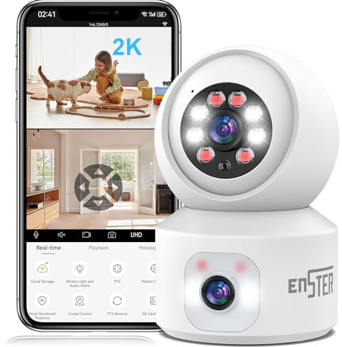 ENSTER Telecamera WiFi Interno 4MP, 2K Videocamera Sorveglianza con Doppia Lente, PTZ 360°, Visione Notturna, Tracciamento del Movimento,Onvif, Alexa, Audio Bi-direzionale per Cani/Bambini