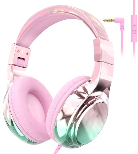 QearFun Kids Headphones Wired with Mic, 85/94dB Safe Volume Limit, Foldable Over Ear, Tangle-Free Cord & Sharing Port, Wired On-Ear Headset for School, Chromebook, Tablet, Travel - Boys & Girls
