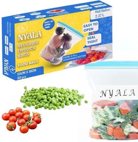 NAYALA 50 Pcs Large Zip Lock Bags, Half Gallon Food Storage Freezer (2.27L), Reusable Zip Seal Sandwich, BPA Free for Fruits, Vegetables, Meat, Grains, Candies