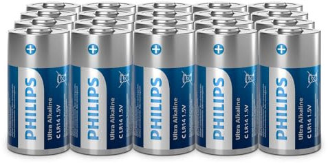 Philips Ultra C Alkaline Batterie, LR14, Potenti per torce elettriche e giocattoli, Confezione da 20