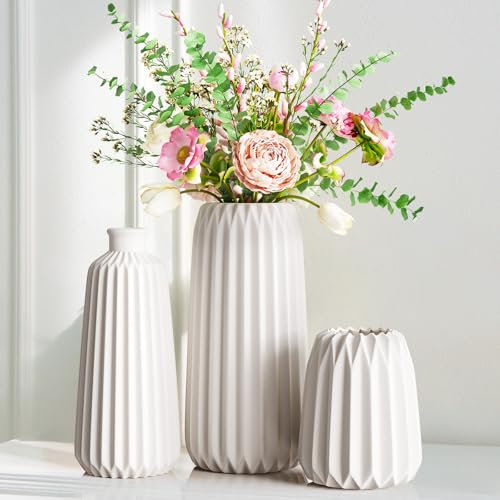 Ezvsevuo Vaso Decorativo da Interno Moderni Vaso Bianco,Set di 3 Vasi in Ceramica,Vasi Deco Minimalista Boho Stile Decor per soggiorno, matrimonio, cena, tavolo, Ufficio Camera da letto