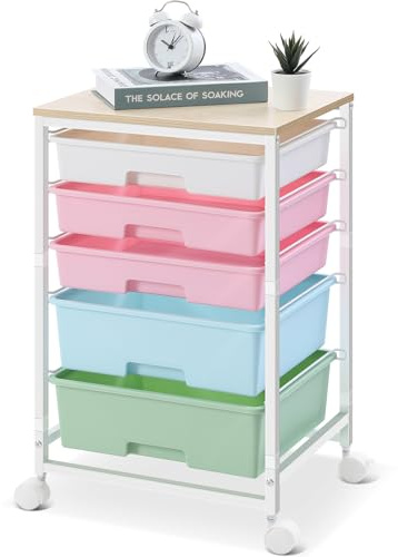 SYKIARIOL Carrito de baño con 5 cajones, carrito de cocina con ruedas con tapa de madera, contenedor con ruedas para cocina, salón, dormitorio, oficina, multicolor