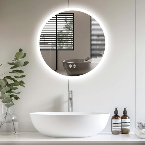 Youyijia LED-Rund-Spiegel 60cm - Badspiegel mit Touch-Schalter, Dimmbar, 3-Lichtfarben-Einstellung