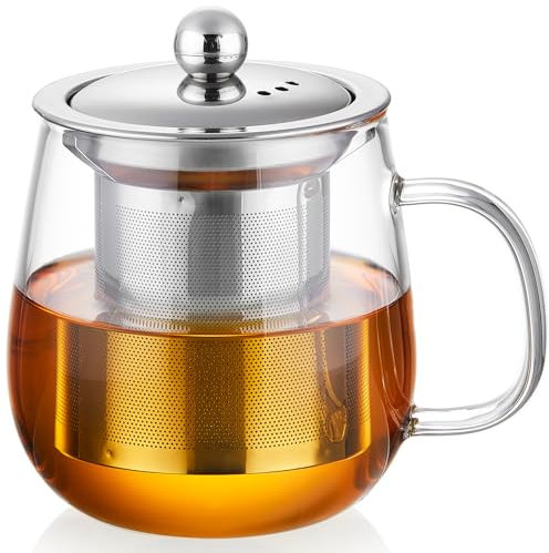 Tazza da Tè in Vetro Borosilicato Trasparente da 14.5oz con Infusore in Acciaio Inox – Perfetta per Tè Sfuso e Tè Fiorito, Coperchio per Tè, Manico Ergonomico, Filtro Rimovibile, Resistente al Calore