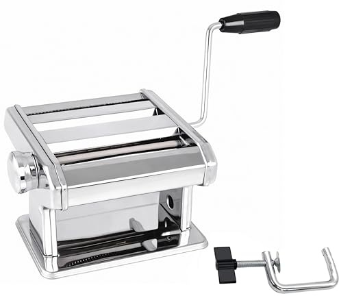 Máquina para Hacer Pasta Manual de Acero Inoxidable, Maquina Pasta Fresca con 3 Cortes y Rodillo Ajustable con 9 Niveles de Grosor – Ideal para Espaguetis, Fettuccine y Lasaña (Todo en Uno)