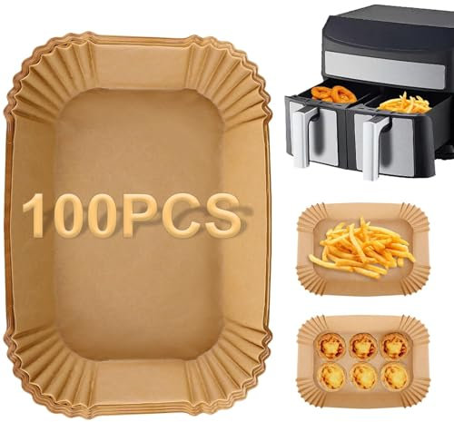 Carta da forno per friggitrice ad aria, 100 fogli - 22 x 14 cm Teglie da forno usa e getta - Non sbiancata, per uso alimentare, senza BPA, antiaderente, impermeabile, resistente al grasso