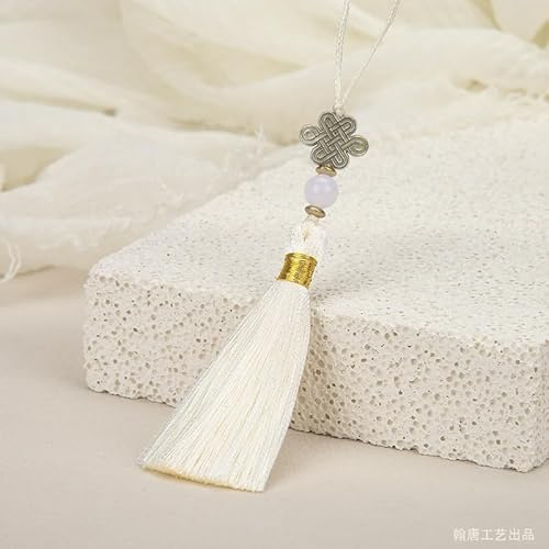 YKAFADE 10 Stück Quasten Anhänger,15cm Mini Quasten Handgemachte Seidige Quaste Schlüsselanhänger mit Perlen Chinesische Quaste für DIY-Projekte, Lesezeichen Tasche Schmuck Basteln-Beige weiß