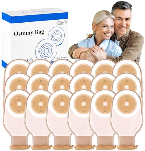 100 Pack Colostomy Bags, 15mm-65mm Ostomy Supplies,One-Piece Ostomy Bag for Lleostomy Stoma Care， Cut-to-Fit Drainable Pouches with Closure.