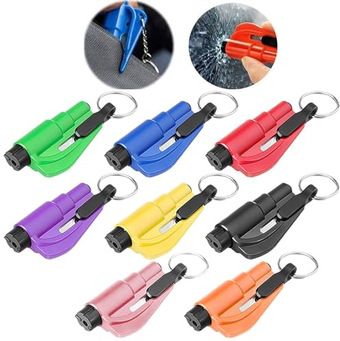 Lot de 8 outils de secours 2 en 1 pour voiture - Porte-clés de sécurité - Marteau d'urgence - Brise-vitre - Avec coupe-ceinture - Outil de sauvetage