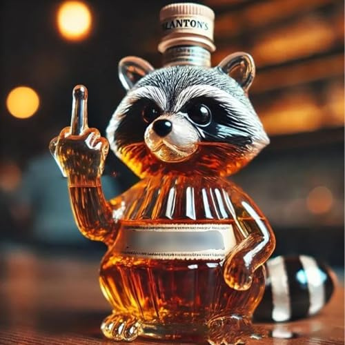 300ML Whiskey Decanter Wine Bottles Art Statue Figurine - 3D Middle Finger Raccoon Whiskey Wine Bottle, Funny Animal Theme Empty Wines Carafe, Novelty Glass Whiskeys Decanter, Home Bar Decor Gift(A)