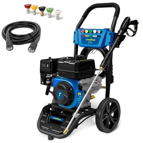 Goodyear - Hidrolimpiadora de Gasolina Profesional, Motor OHV 223cc 7hp, 235 Bares (3400 PSI), 590 L/h, Depósito Detergente 2L, Incluye 5 Boquillas y Manguera 9.2m para Limpieza de Exteriores