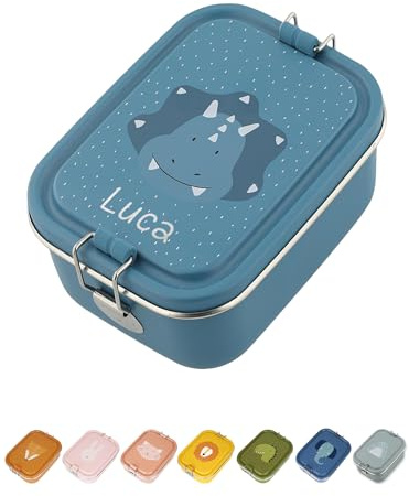 wunderwunsch TRIXIE Brotdose Kinder, Edelstahl Lunchbox, Jausenbox mit Name | Personalisiert, Frühstücksbox mit Fächern und Clip, Box, Metall, Vesperdose, Kindergarten, Brotzeitdose, Schulbox