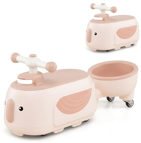 COSTWAY Toddler Ride on Car, Foot to Floor Sliding Car with Trailer, Light, Music, Under-Seat Storage, Developmental Ride on Toy for Boys Girls 12+ Months Old (Milk Coffee)