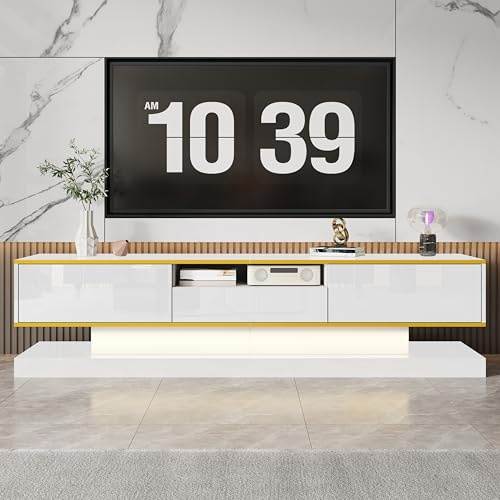 Meuble TV blanc brillant 180 cm avec 3 tiroirs LED changeant de couleur et accents dorés pour salon luxueux jusqu'à 201 cm