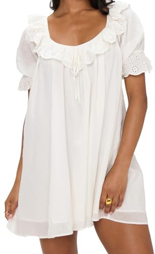 Meiyi station Womens Summer Eyelet Babydoll Dress Ruffle Collar Puff Sleeve Scoop Neck Tie Back Casual Short Dresses White